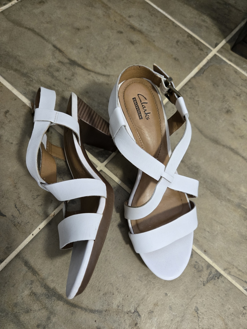 Clarks White Ankle-Strap Cone Heel Sandals